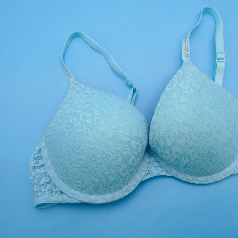 Pink Victoria's Secret Bra Womens 34B Wear‎ Everywhere Push-Up Blue Lace Nylon
